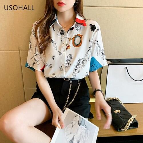 USOHALL 2021 Summer New Color Contrast Printing Women Short Sleeve Shirt Chiffon Blouse