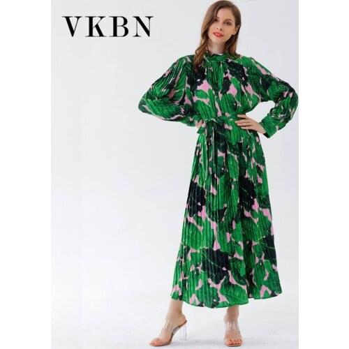 VKBN Summer Green Dress Women Casual Floral Printing Ruched Fabric Pullover Full Sleeve Party Elegant Maxi Dress High Quality