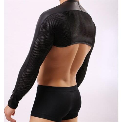 WOXUAN Fashion Design Top Quality Mens Sexy Bodysuit Black Long Sleeve Faux Leather Tops Lingerie Fishnet Breathable Body Suit