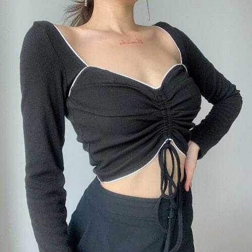 2020 autumn long sleeve ribbed t-shirts female square collar french style clothes slim basic ruched lace up black y2k top