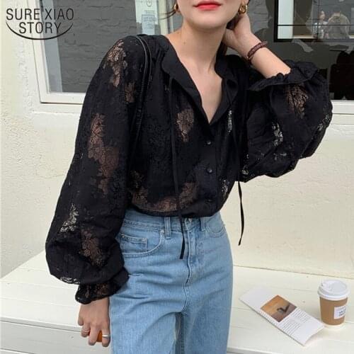 2021 Women Blouse with Lace Lantern Long Sleeve Transparent Blouse Loose Sexy Cardigan Lace Shirt Autumn Black Lace Tops 10202
