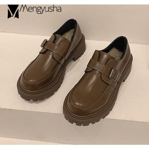 Metal Buckle band oxford shoes for women winter plush flats thick heels warm fur loafers college girls small leather shoes woman