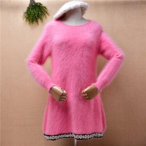 Ladies women fashion sweet pink mink cashmere knitted long sleeves o-neck slim blouses pullover angora fur long sweater dress