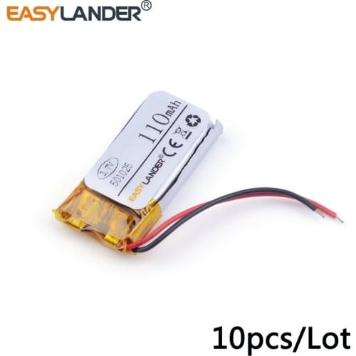 10pcs /Lot 501025 110mAh 3.7v lithium Li ion polymer rechargeable battery For MP3 MP4 DVR GPS mp5 toys DVR Sports headphone