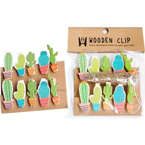 10packs/lot Wooden Cute Small Cactus Pot Pegs Photo Note Clips With Rope Decorative Clip Wholesale