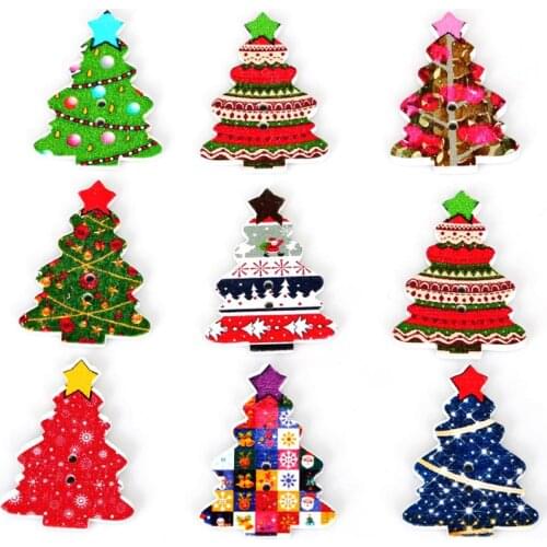 50pcs Mix Christmas Tree Cartoon Sewing Wooden 2 Holes Buttons Scrapbooking DIY Clothing Crafts Supplies Christmas Decorative
