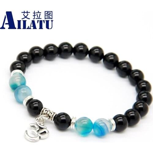 Ailatu Wrap Jewelry 8 mm Blue Natural Onyx Stone Beads Religious OM Yoga Bracelet Men Gift