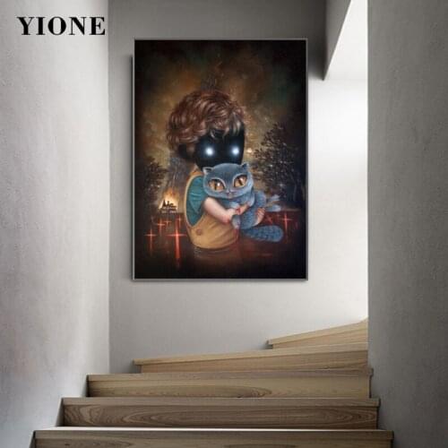 Dark No Face Boy with Cat Canvas Art Poster and Prints Custom Abstract Figure Animal Painting Wall Picture for Living Room Decor