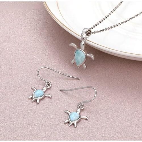 Sea Turtle Classic Charm 925 Sterling Silver Zircon Jewelry Gifts Natural Precious Dominica Larimar Pendant Necklace for Woman