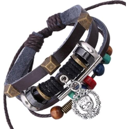 Fashion Punk Rock Star Skull Jewelry for Men Women Bracelet Bronze Rivets Wood Beads Charm Multi-layer Leather Bangle Wristbands