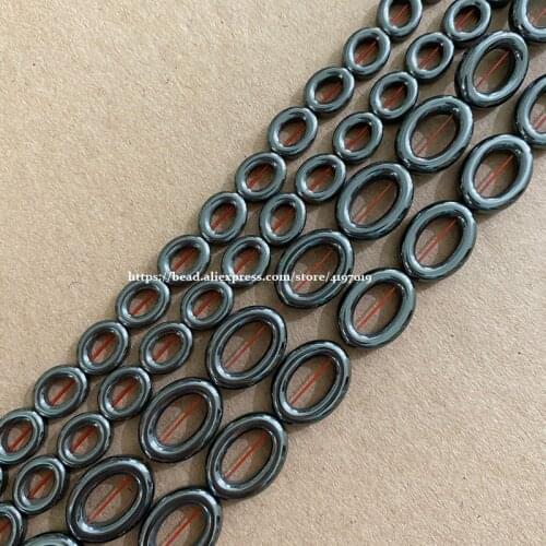 Natural Flat Hollow Oval Shape Black Hematite Stone Loose Beads 8x10 12x16MM 15" Pick Size For Jewelry Making