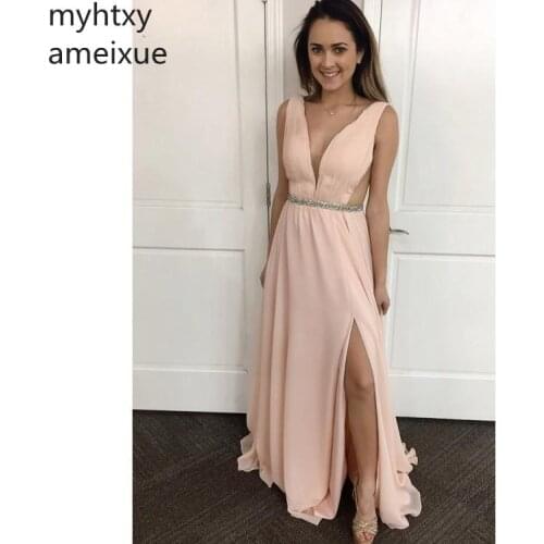 New Cheap 2021 V Neck Prom Long Chffion Sexy Backless Women Blue And Pink Evening Dresses Plus Size Custom Party Gowns