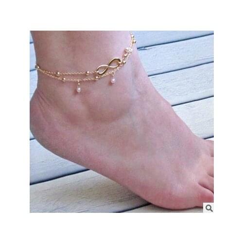Cheap Hot Fashion Wild Double Anklets Infinite Luck 8 Simple Anklet Barefoot Sandals Foot Jewelry for Women Gift Sandals Chain