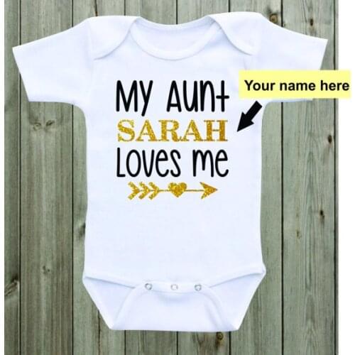 Custom text My Aunt Loves Me glitter infant baby bodysuit onepiece romper Outfit take Home toddler shirt birthday party favors