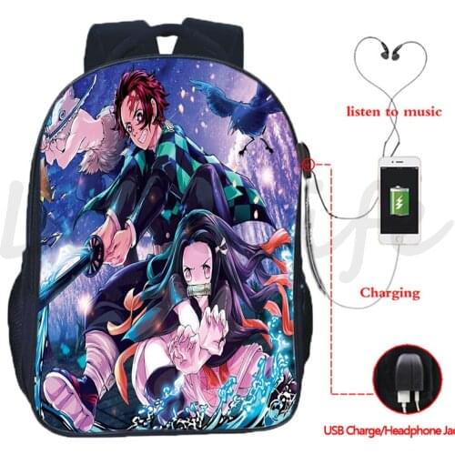 Hot Anime USB Charge Backpack Demon Slayer School Bags Childrens Casual Bag Teens Cartoon Travel High quality Bagpack 16 Inch