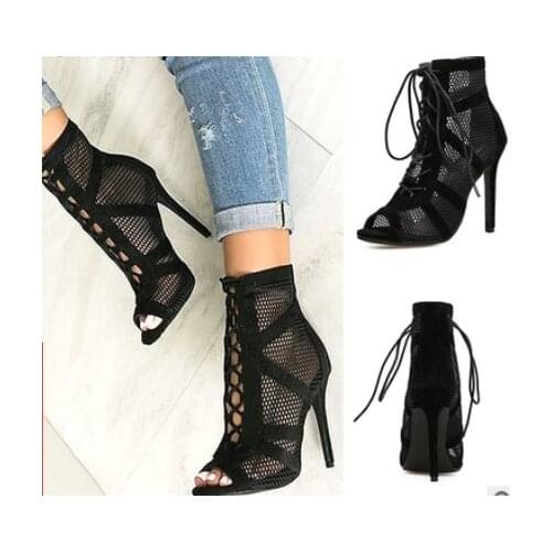2021 Fashion Black Summer Sandals Lace Up Cross-tied Peep Toe High Heel Ankle Strap Net Surface Hollow Out Sandals Size 35-42