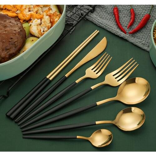 4Pcs Cutlery Set Stainless Steel Dinnerware Sets Knife Fork Spoon Flatware Set Kitchen Glossy Gold Tableware Set Black Gold Sets