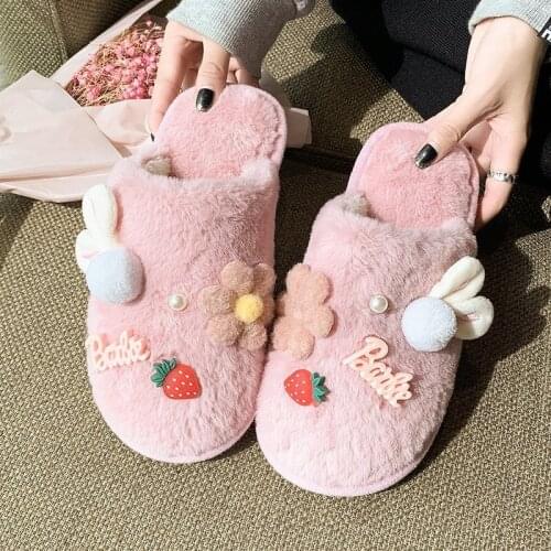 New Arrival 2020 Winter Female Cotton Slippers Flock Cartoon Rabbit Flowers Women Shoes Korean Home Adult Ladies Plush Slippers