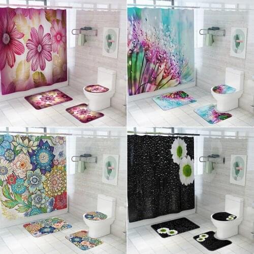 3d Printing Flower Shower Curtains High Quality Bathroom Curtain Colorful Flowers Non-Slip Rugs Toilet Lid Cover Bath Mat Set