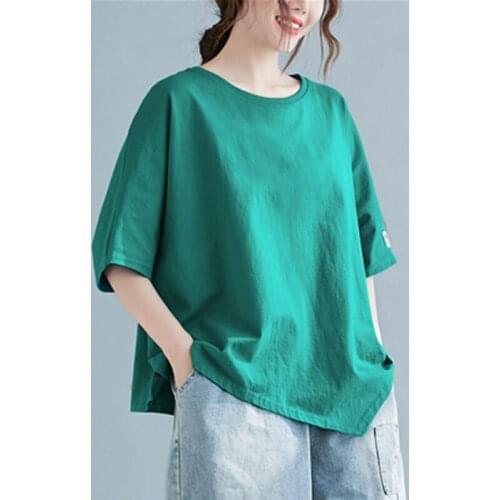 Oversized Women Cotton Linen Casual T-shirts New 2021 Summer Simple Style O-neck Solid Color Loose Female Tops Tees S3532