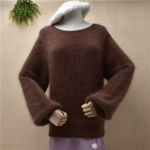 Female women autumn winter clothing hairy mink cashmere knitted o-neck slim blouses pullover angora fur jumper sweater pull tops