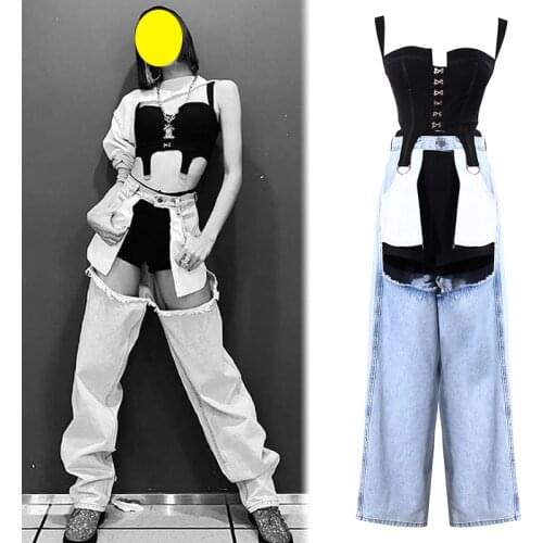 Korean Style Jazz Costumes Women Singer Group Stage Wear Hollow Out Jeans Black Vest Performance Suit Hip Hop Clothes DNV15053