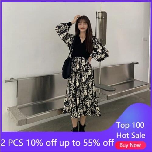 Plus Size Womens Clothing New Retro Patchwork Fake Two-Pieces Sets For Women Long V Neck Dresses Autumn Spring Dresses