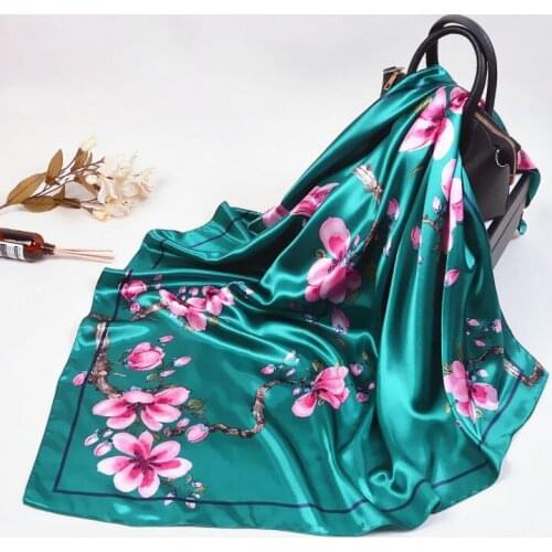90*90cm Square Silk Scarf Luxury Brand Women Wintersweet Flower Print Neck Scarves Big Foulards Femme Bandana Handkerchief