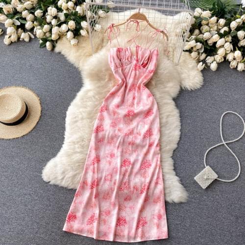 2021 New Fashion Temperament Summer Dress Vestidos Womens V-neck Halter Strap Slim Mid-length Holiday Midi Dress GL463