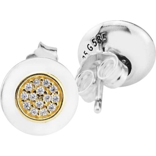 100% 925 Sterling-Silver-Jewelry Signature Stud Earring with 14K Real Gold & Clear CZ Free Shipping