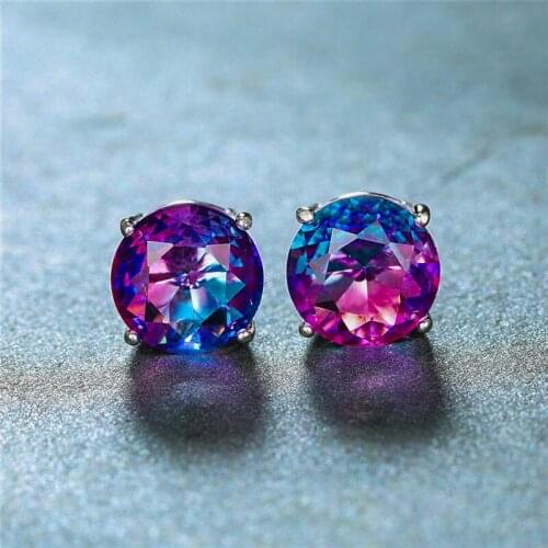 100% Real 925 Sterling Silver Stud Earrings 6/7/8mm Round Stone Blue Purple Crystal Zircon Earrings For Women Wedding Jewelry