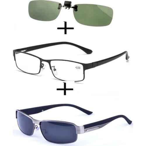 3Pcs!!!rectangular Metal Black Business Reading Glasses for Men Women + Alloy Polarized Sunglasses Driving+ Sunglasses Clip