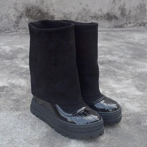 Western Waterproof Boots Woman Platform Black Genuine Leather Goth Mid Calf Cowboy Boots Velvet Chunky Booties Female Spring