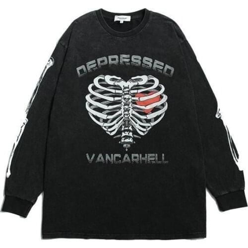 European and American streetwear style old washed pullover hoodie men loose bone print fashion sweatshirt couple Harajuku top