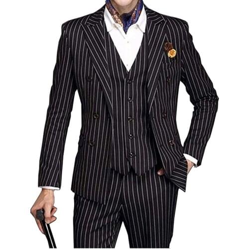 Suits Men Mens Suit 3 Piece V Neck Pinstripe Wedding Groomman Notched Lapel Tuxedos (Blazer+Pants+Vest)