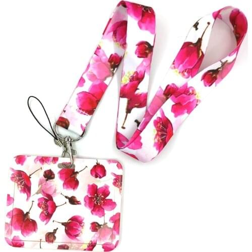 Red Flowers Lanyard Credit Card ID Holder Bag Student Women Travel Card Cover Badge Car Keychain Decorations