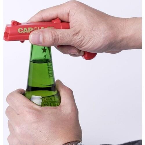 Creative Flying Cap Launcher Beer Opener Drink Opening Gun Shaped Bottle Lids Shooter Red Portable Cap Gun Shape Opener Bar Tool