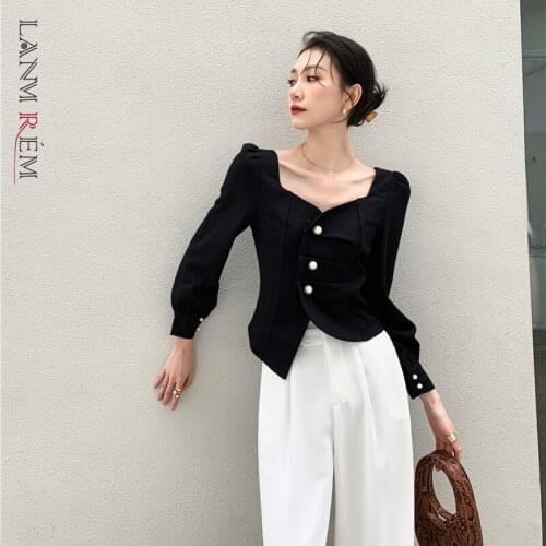 LANMREM Autumn 2021 New Single-breasted Clothes Slim Fashion Short French Style Square Neck Black Shirts Top For Women 2A2945