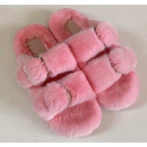 100% Mink Fur Slippers Fashion Women Sandals Beach Shoes Slip On Slippers Female Casual Outdoor Summer Sandalias Mujer 2020