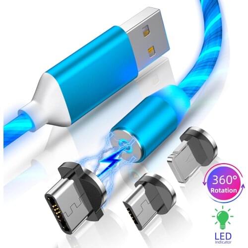 LUPWAY Flowing Light Magnetic Mobile Phone Charging Cable Micro USB Type-C IOS LED Charger Wire For Iphone 12 Samsung Huawei