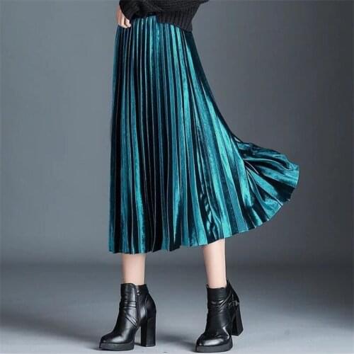 Plus Size M-6XL Women velour pleated skirt 2020 autumn gold velvet slimming skirt fashion sweet skirt elegant skirt winter
