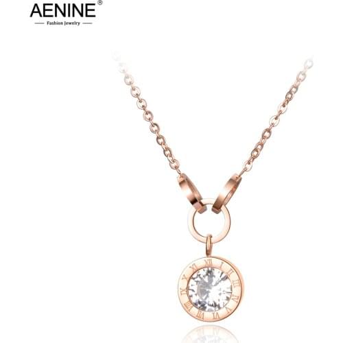 AENINE Trendy AAA Zircon Roma Numbers Cross Circles Pendant Necklaces Rose Gold Stainless Steel Chain Necklace For Women AN18076