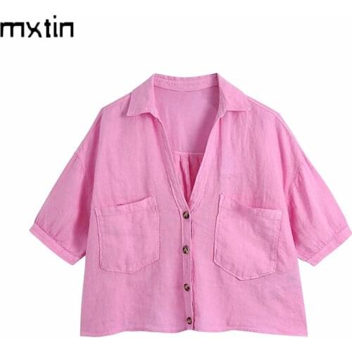 MXTIN 2021 Women Summer Vintage Solid Linen Cropped Blouses Fashion Lapel Collar Short Sleeve Female Shirts Blusas Casual Tops