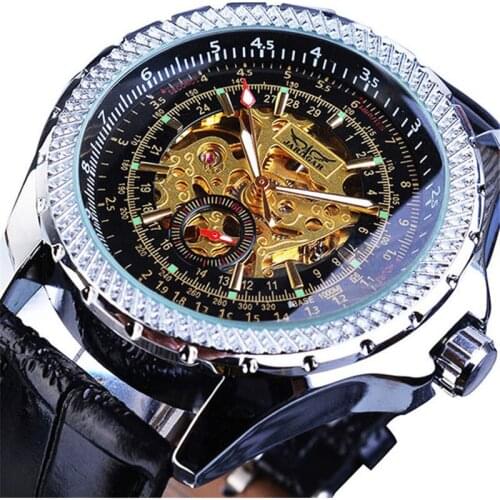 2021 New JARAGAR Classic Men Watch Black Leather Strap Skeleton Mechanical Automatic Business Clock Wristwatch Relogio Masculi