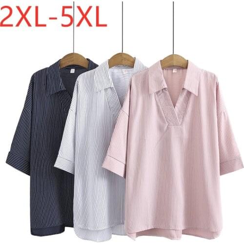 New 2021 Ladies Summer Plus Size Tops For Women Large Blouse Hlaf Sleeve Loose Casual Pink Stripe Chiffon Shirt 2XL 3XL 4XL 5XL
