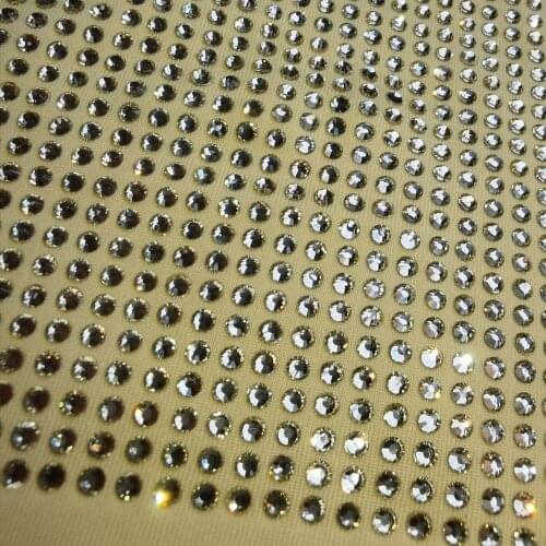 Hot Fix High Quality Yellow Crystal Rhinestone Polyester Spandex Elastic Stretch Fabric Golden Milk Silk