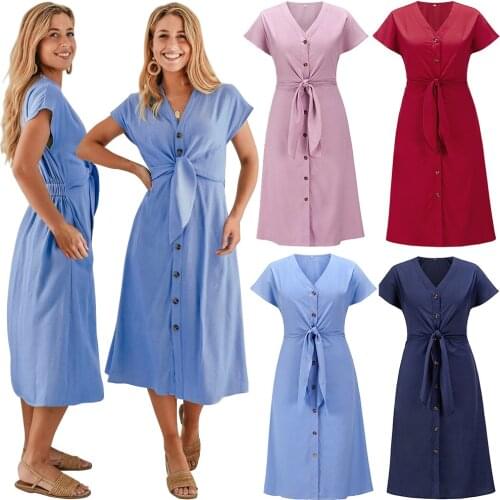 Summer Women Dress Solid Color Lace Up Belt Casual Beach Style Party Office Lady Sexy Elegant Fashion Female Vestido C2550