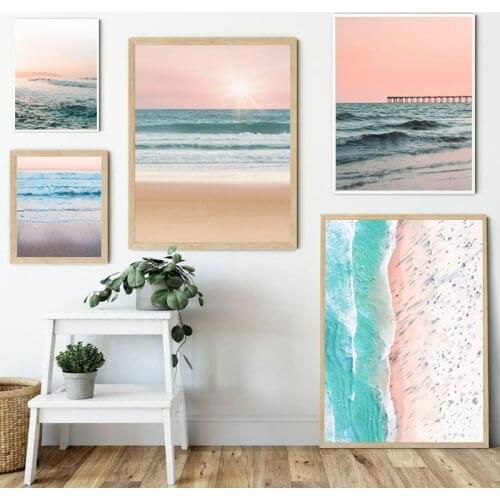 Beach Landscape Canvas Poster Coastal Nordic Style Ocean Pink Wall Art Print Decoration Painting Scandinavian Picture Home Decor