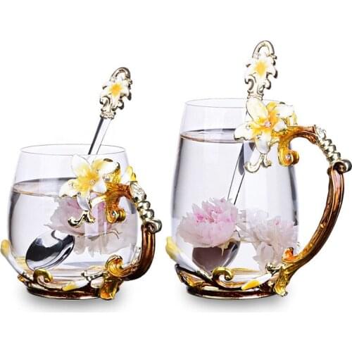 Palace Classical Carving Flower Enamel Color Tea Cup Crystal Glass Coffee Milk Cup Business Affairs Gift Wedding Souvenir F3