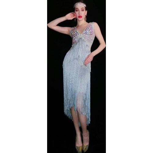 Luxury Rhinestone Tassel Evening Party Dress Women Sleeveless Wedding Birthday Prom Crystal Fringes Dress Dancer Show Stage Wear